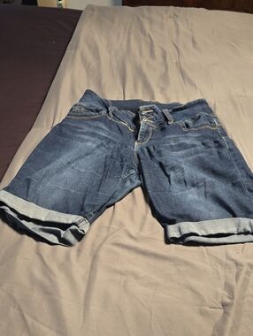 Fashion Nova Dark Blue Denim Shorts with Gold Stitching